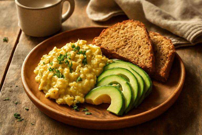 Kraftvolles Frühstücks-Rührei mit Haferflocken und Avocado