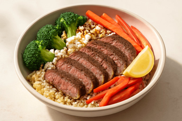 Proteinreicher Rindfleisch-Bowl mit Quinoa und Gemüse