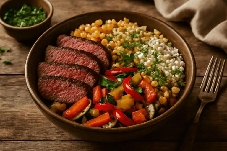 Herzhafte Rindfleisch-Bowl mit Bulgur und buntem Gemüse