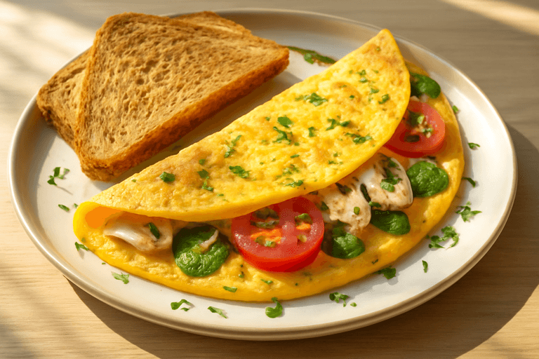 Proteinrik klassisk frukostomelett med fullkornsbröd