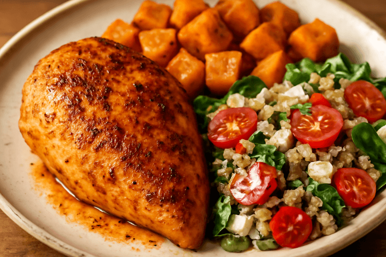Saftig kycklingfilé med rostad sötpotatis och grönsaksquinoa