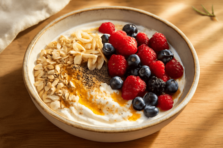Bol de Petit-Déjeuner Énergétique au Yaourt Grec et Fruits Rouges
