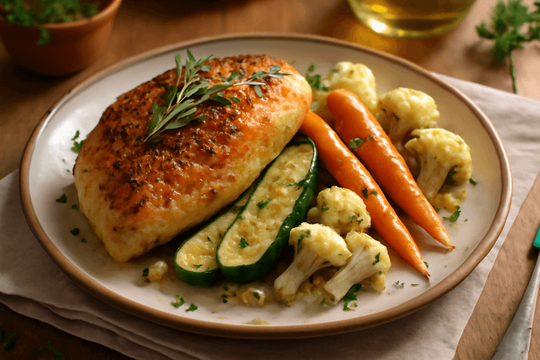 Poulet rôti aux herbes et légumes de saison