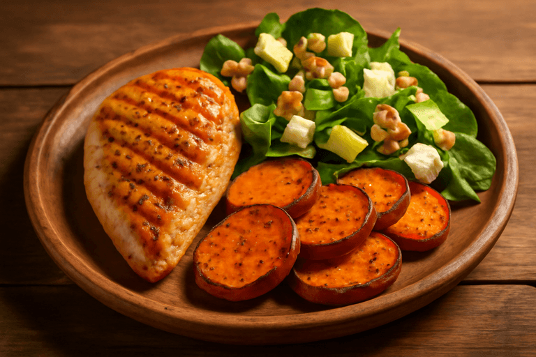 Pollo a la Parrilla con Batatas Asadas y Ensalada de Aguacate