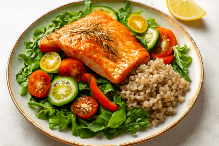 Lunssalat med Ovnsbakt Laks og Fargerike Grønnsaker