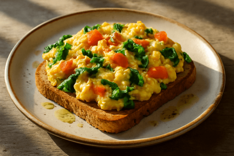 Ous remenats amb espinacs, tomàquet i pa integral torrat