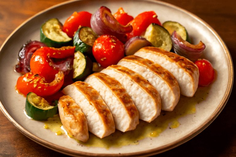 Pollastre a la planxa amb verdures mediterrànies