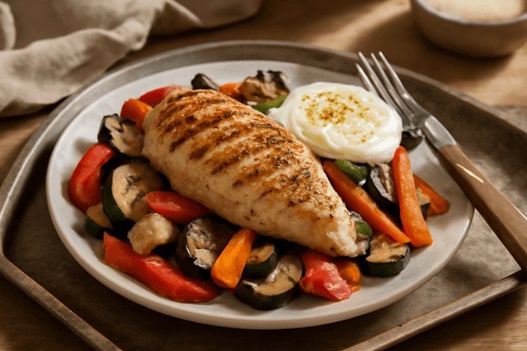 Piept de pui la grătar cu legume la cuptor și sos de iaurt