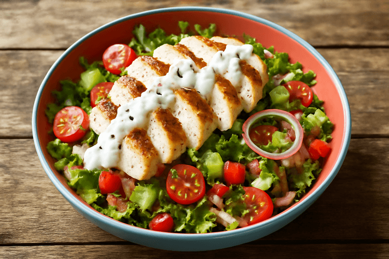 Salată de pui la grătar cu quinoa și dressing de iaurt