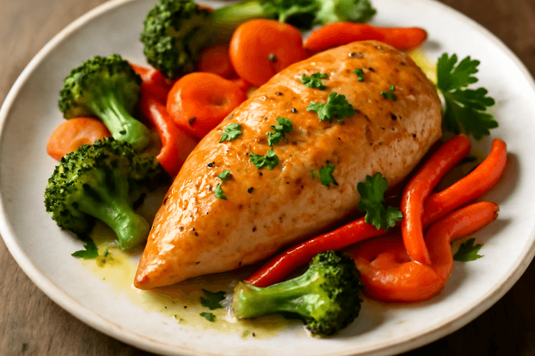 Запечённая куриная грудка с овощами и зеленью