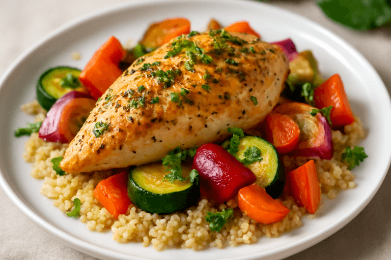 Poulet rôti aux herbes, légumes colorés & quinoa