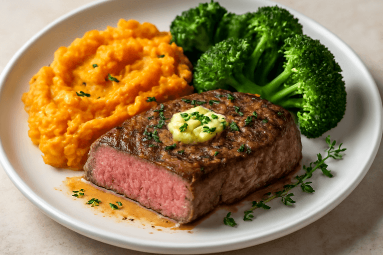 Proteinreiches Rindersteak mit Süßkartoffelstampf und Brokkoli