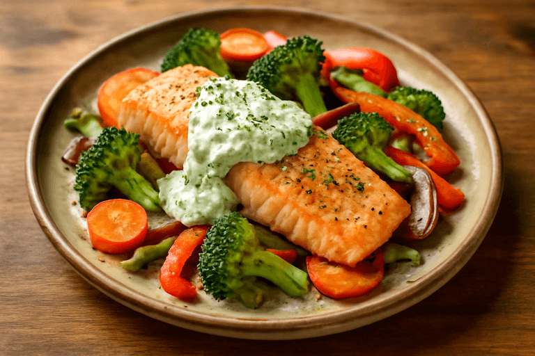 Ovnsbakt laks med grønnsaker og urtedressing