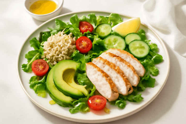 Лёгкий куриный салат с авокадо и киноа