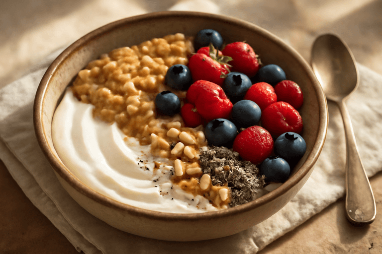 Energie-ontbijtbowl met Griekse yoghurt en bessen