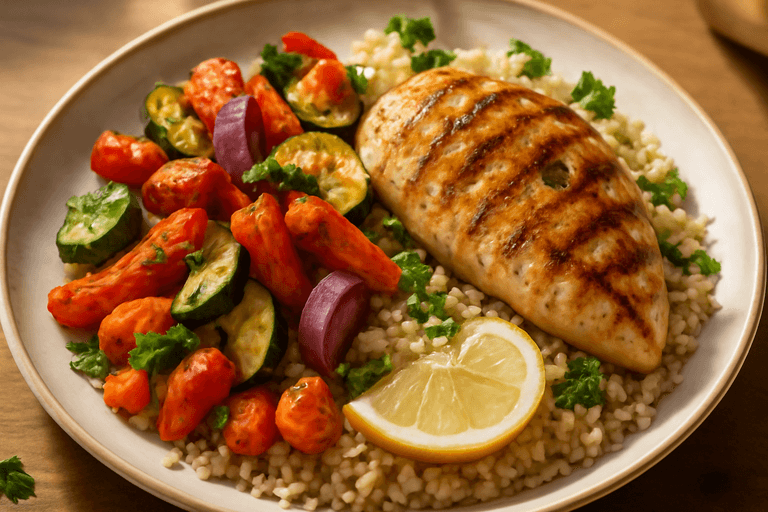 Kipfilet met geroosterde groenten en quinoa
