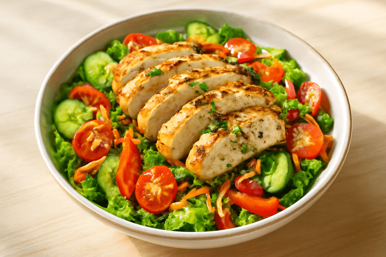 Salade de poulet légère aux légumes croquants et vinaigrette citronnée