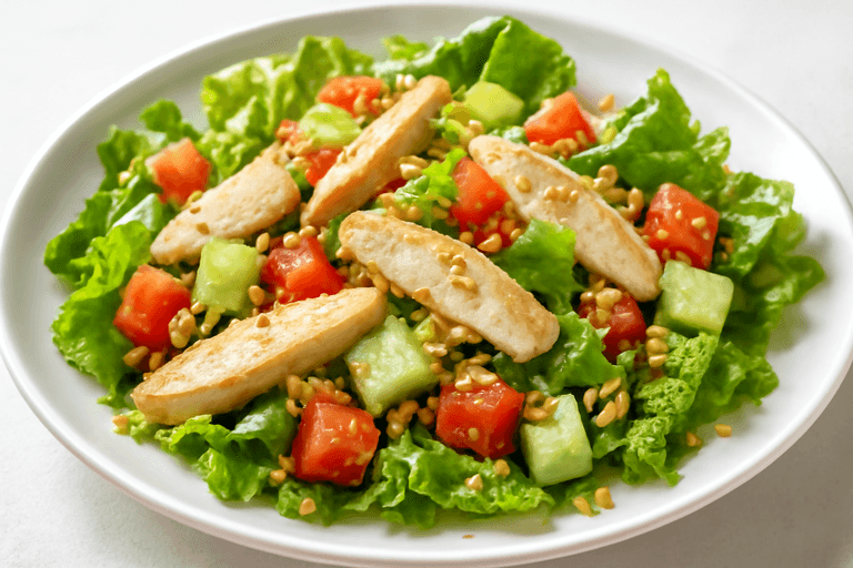 Легкий куриный салат с овсяными хлопьями и овощами