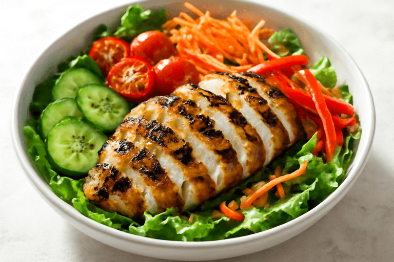 Salade protéinée de poulet grillé et légumes croquants