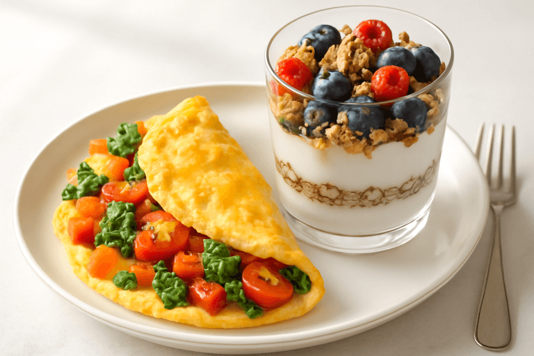 Energizing Veggie Omelette & Berry Yogurt Parfait