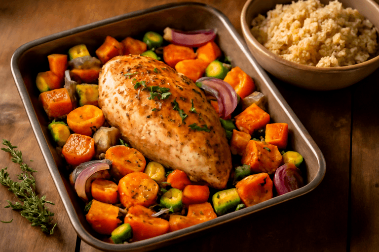 Poulet rôti aux légumes d’antan et quinoa croquant