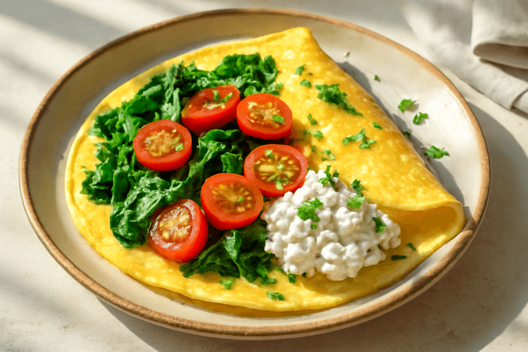 Легкий омлет со шпинатом и помидорами
