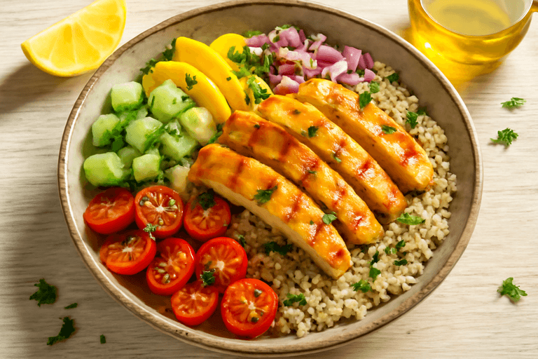 Bowl Clássico de Frango Grelhado com Quinoa e Legumes Coloridos