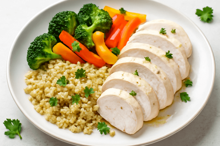 Куриная грудка с овощами на пару и киноа