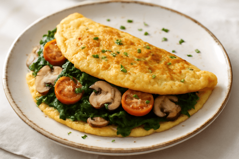 Omelette aux épinards, champignons et tomates