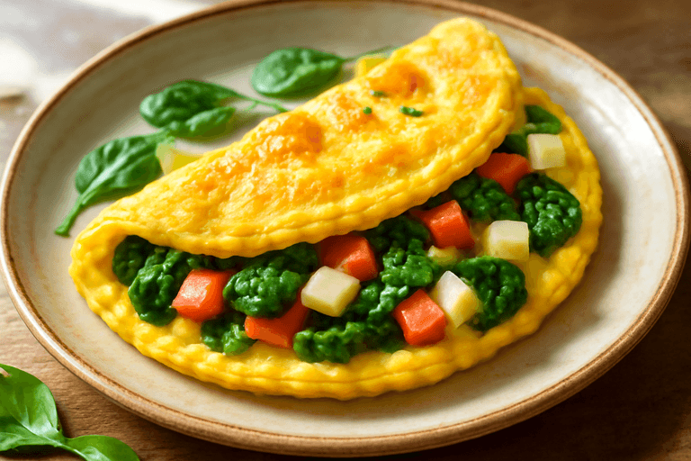 Omelette clásico alto en proteínas con espinaca y tomate