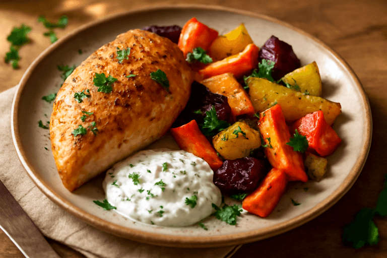 Klassisk kyckling med ugnsbakade rotfrukter och krämig sås