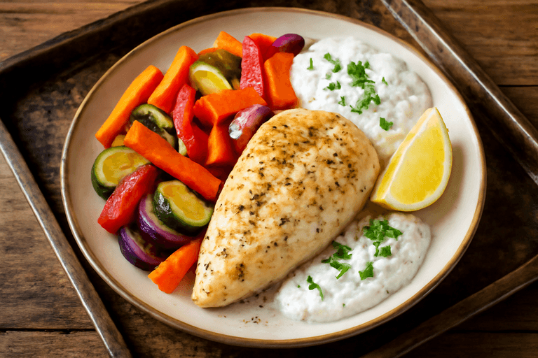 Ugnsbakad kycklingfilé med rostade grönsaker och örtig yoghurtsås