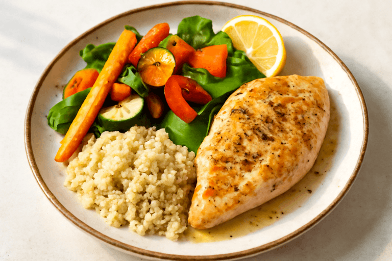 Kycklingfilé med rostade grönsaker och quinoa