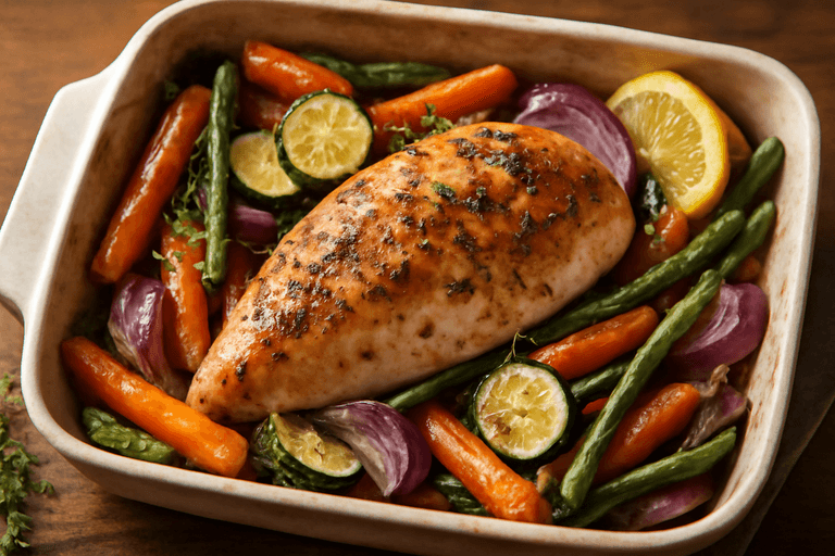 Poulet rôti aux herbes et légumes colorés