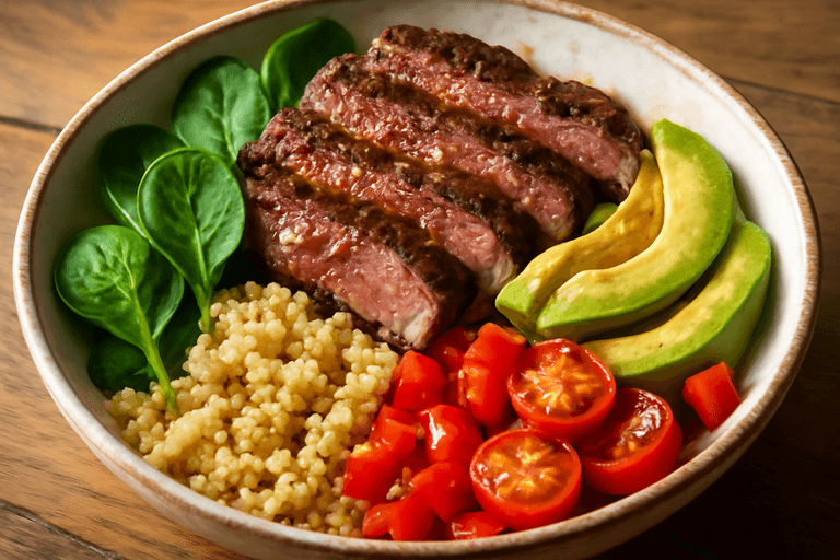 Herzhafte Rinder-Bowl mit Quinoa und Avocado