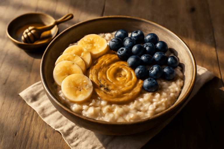 Kraftfull klassisk frukost-gröt med banan och mandel