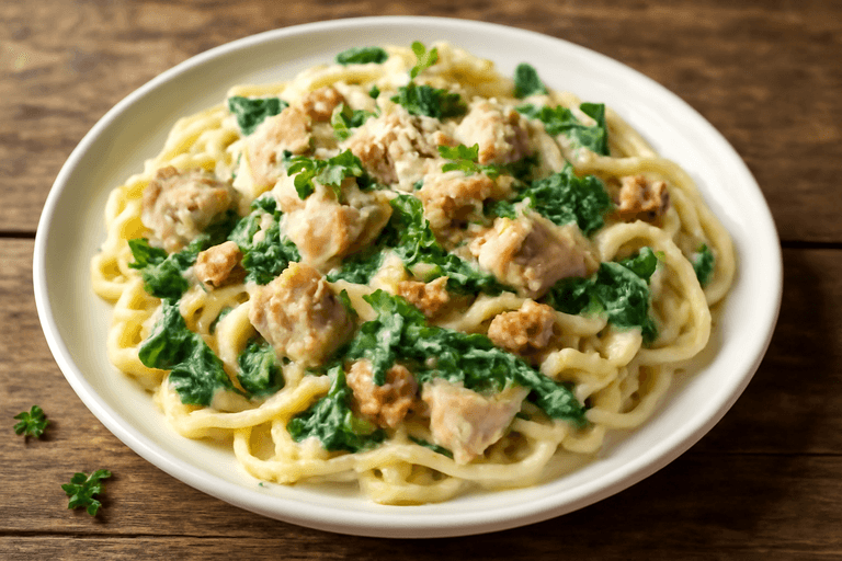 Krämig kycklingpasta med valnötter och spenat