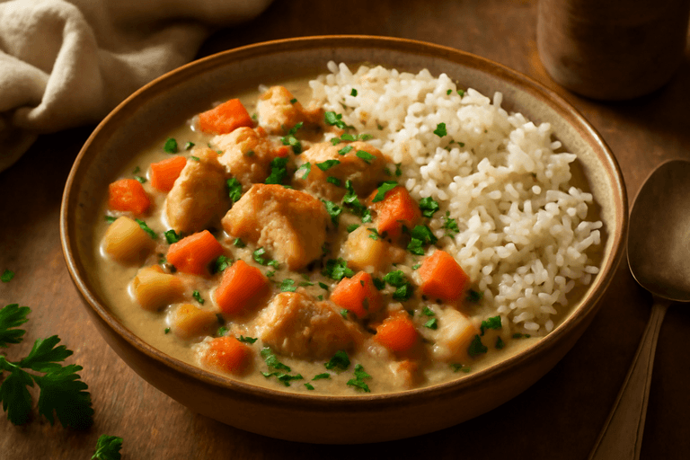 Klassisk kycklinggryta med rotfrukter och ris