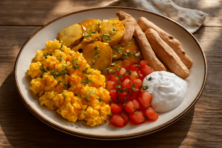 Kraftvolles Bauernfrühstück mit Rührei, Kartoffeln & Putenbrust