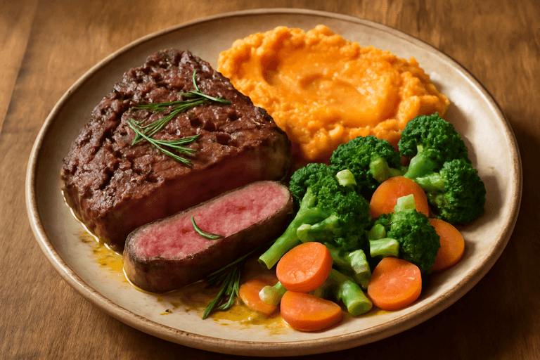 Proteinreiches Rindersteak mit Süßkartoffel-Püree & Gemüse