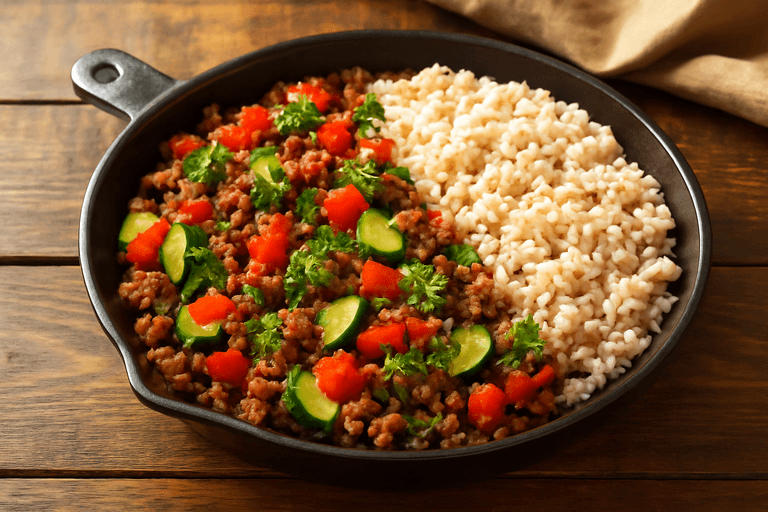 Herzhafte Rinderhack-Pfanne mit buntem Gemüse & Vollkornreis