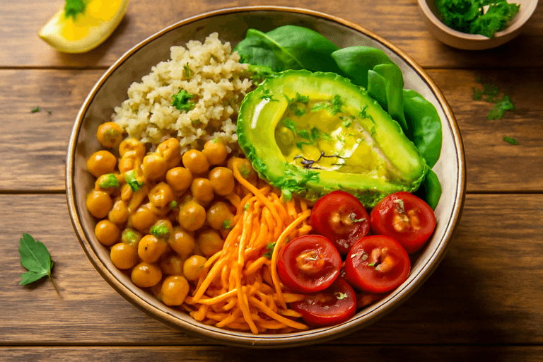Veganer Quinoa-Bowl mit Kichererbsen und Avocado