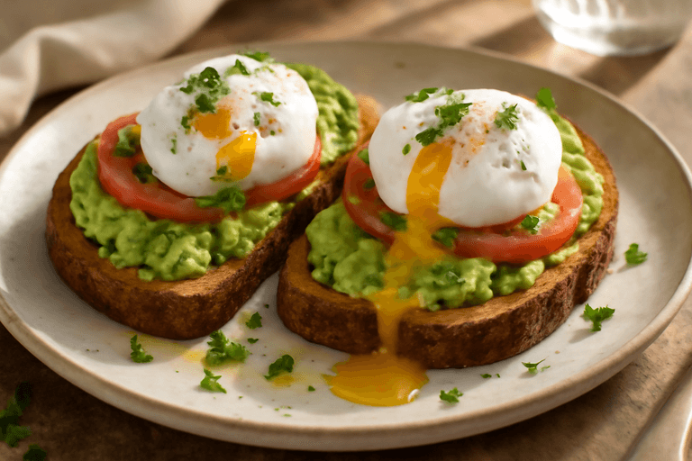 Tostadas integrales con aguacate, huevo pochado y tomate