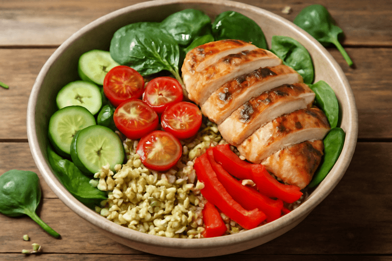 Ensalada clásica de pollo con quinoa y vegetales frescos