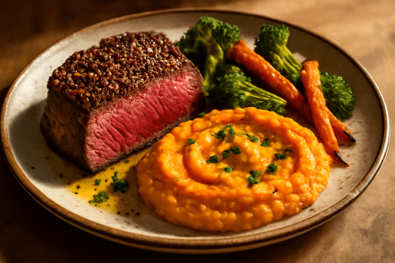 Proteinreiches Rindersteak mit geröstetem Gemüse und Süßkartoffelpüree