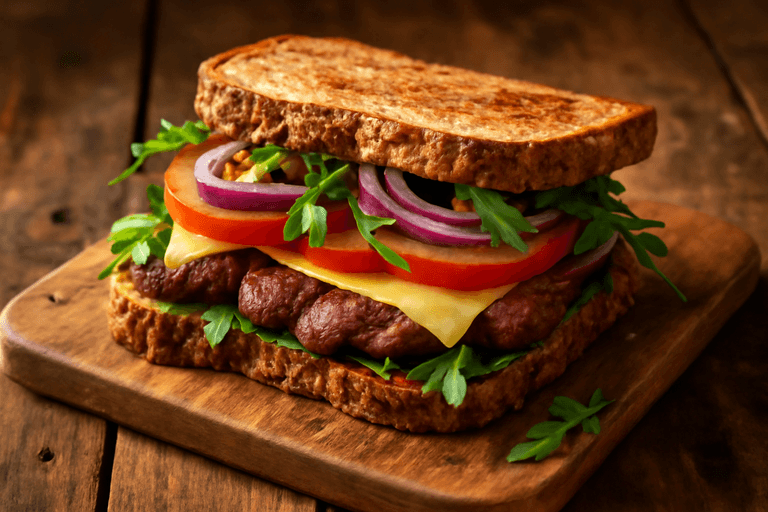 Herzhaftes Rindfleisch-Sandwich mit Vollkornbrot