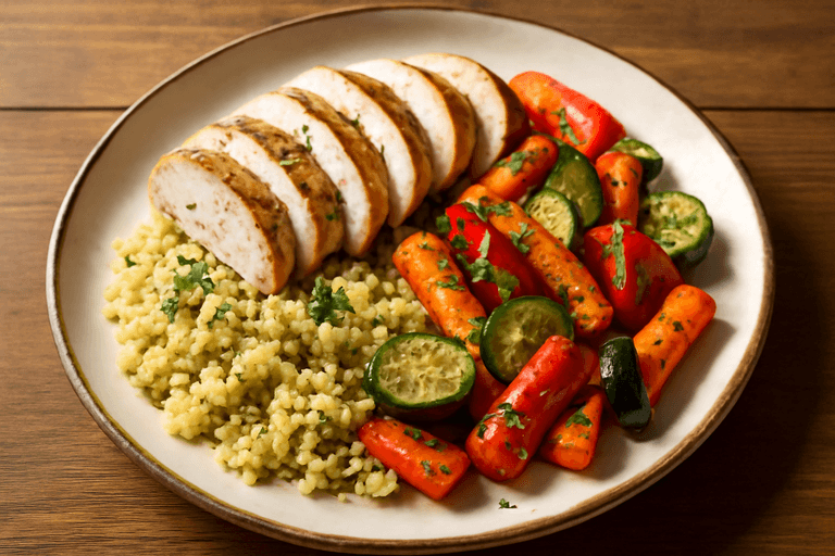 Poulet rôti aux légumes de saison et quinoa