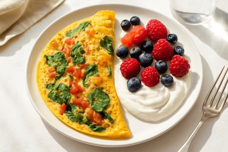 Protein-Packed Veggie Omelette with Greek Yogurt & Berries