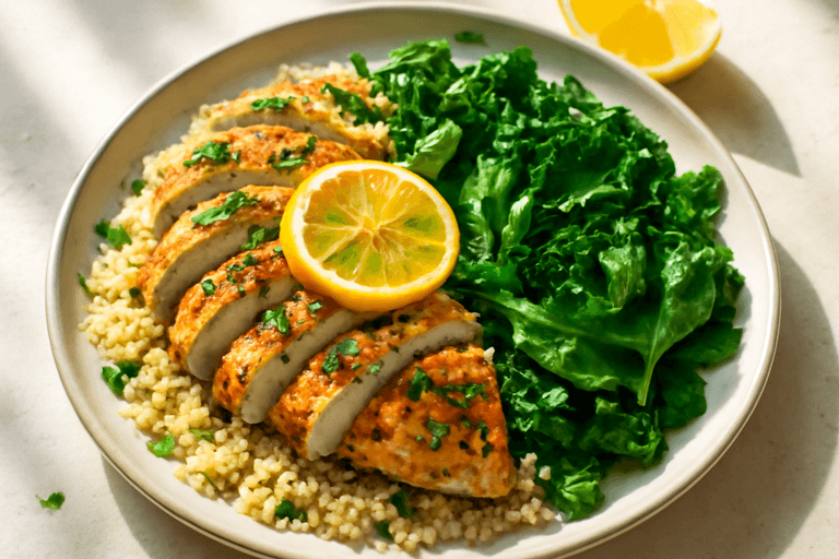 Herb-Grilled Lemon Chicken with Quinoa & Sautéed Greens