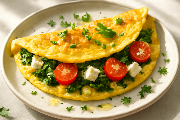 Omelette aux épinards, feta & tomates cerises